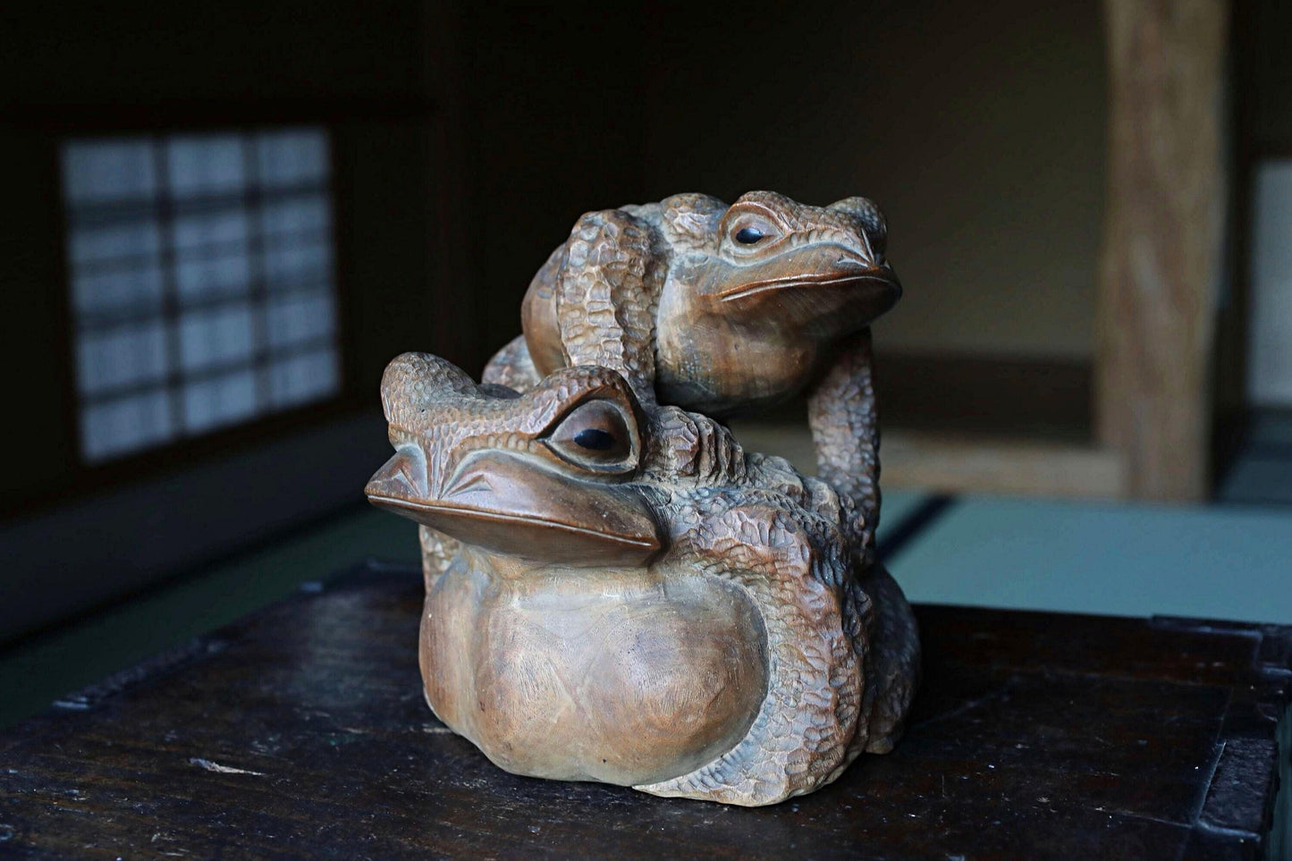 Vintage Wooden Frog - Japanese Hand Carved Kaeru Sculpture | Rustic Wood Animal Doll