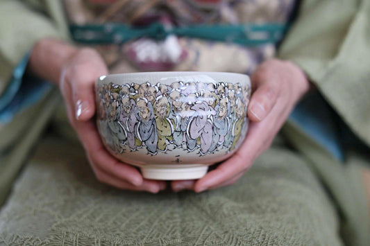 Japanese Vintage Chawan | Fine Art Pottery Matcha Bowl - Longevity Zen Gift with Jurōjin Motif