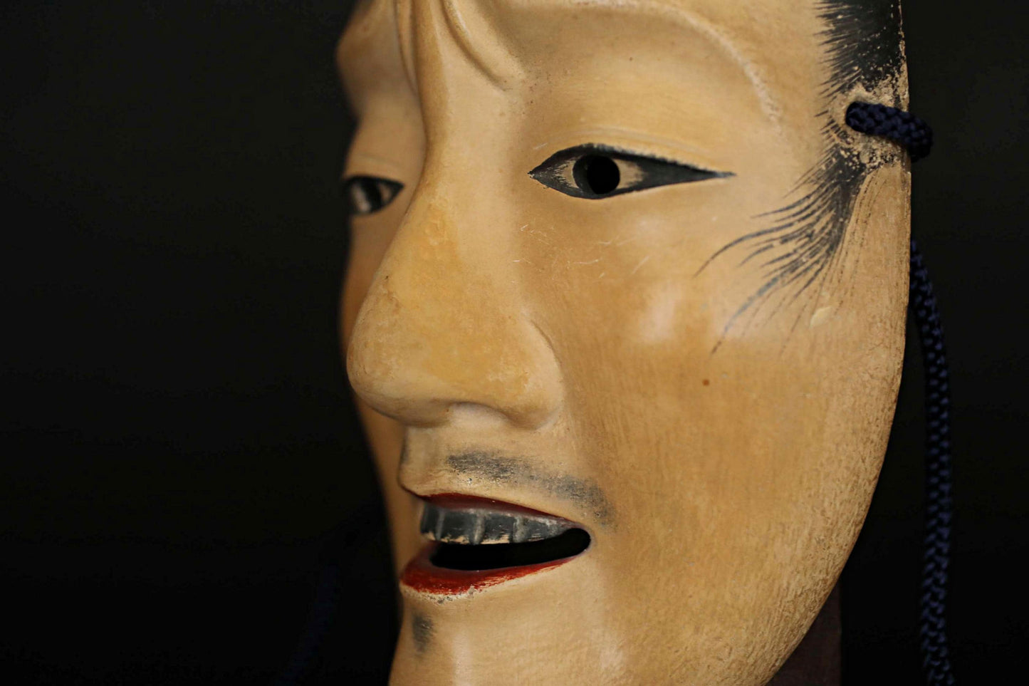 Antique Japanese Noh Mask - Chujo Samurai Hand Carved Wood Carving Art with Silk Bag