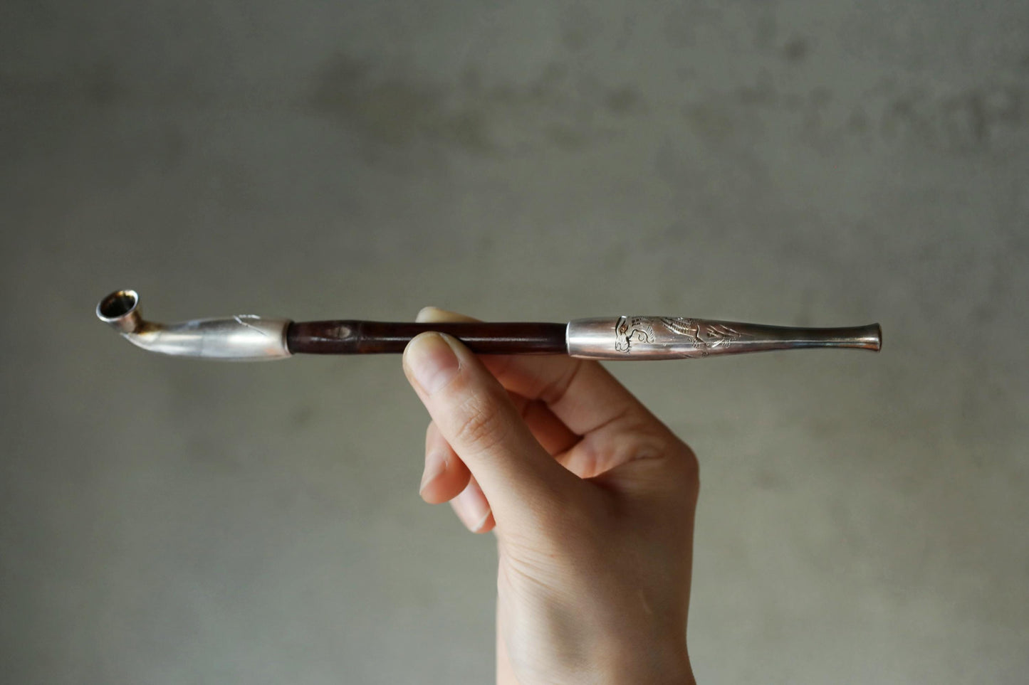 Antique Silver Pipe - 1910s Japanese Kiseru Tobacco Pipe with Carved Tiger & Bamboo
