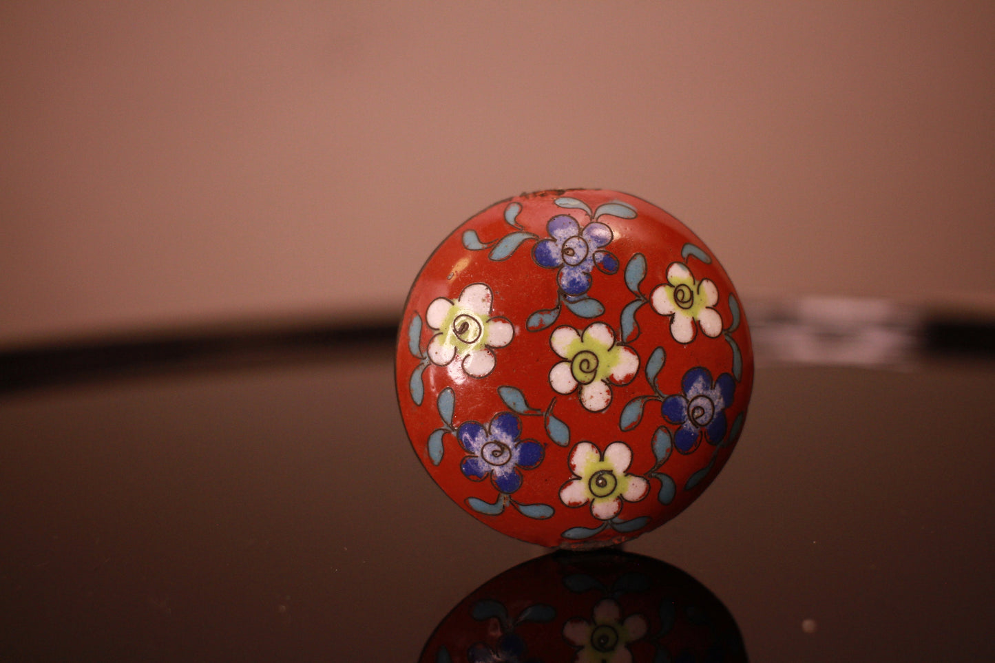 Antique Cloisonne Bead – Japanese Ojime Bead With Red Floral Motif & Silver Fittings