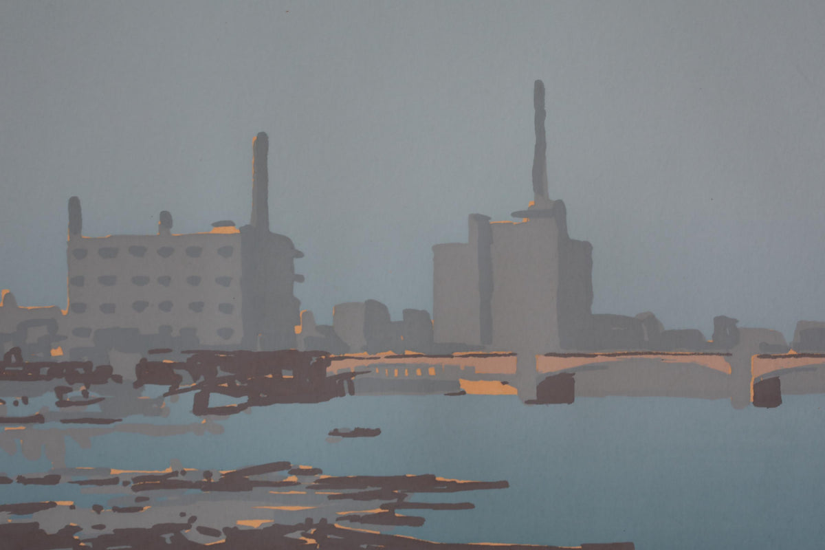 a cityscape with tall buildings and a bridge spanning a body of water, likely a river or bay. The scene is rendered in a stylized, abstract manner, with muted colors and a sense of depth and distance.