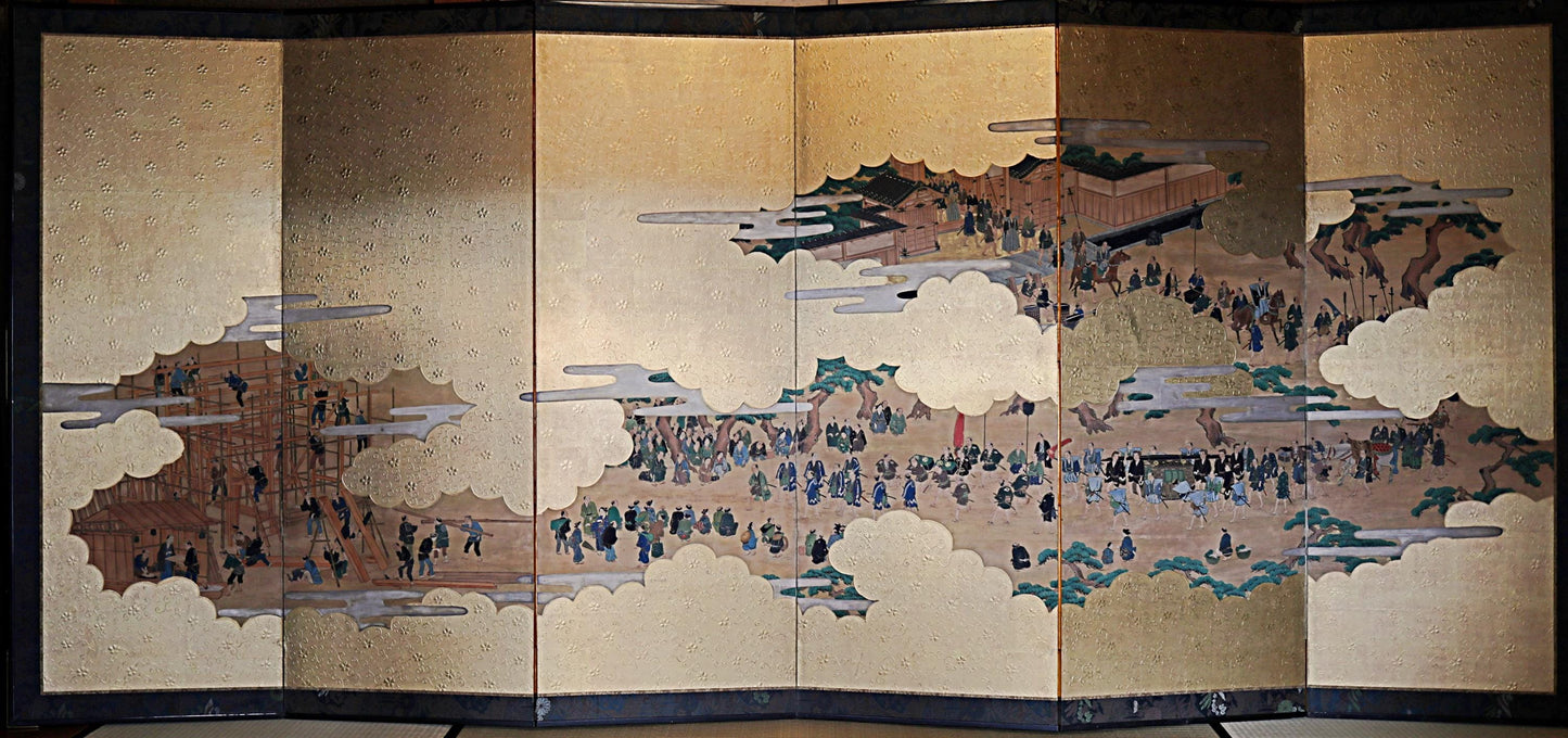 Japanese Antique Folding Screen - 1800s Gold Leaf Byobu with Luxury Cloud Painting