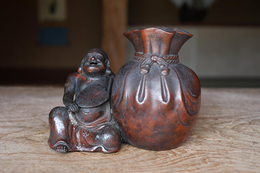 Antique Hotei Figurine – Edo Period Japanese Pottery Coin Box With Wooden Gift Box