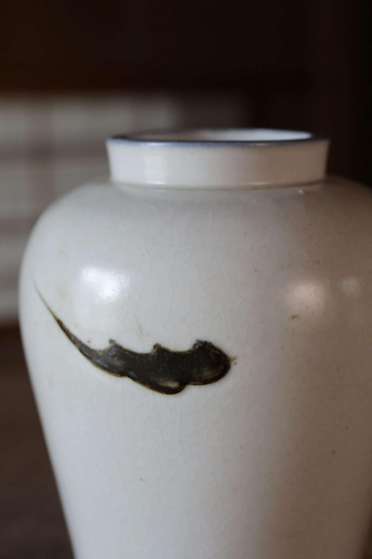 A close-up image of a white ceramic vase with a black design on its surface.