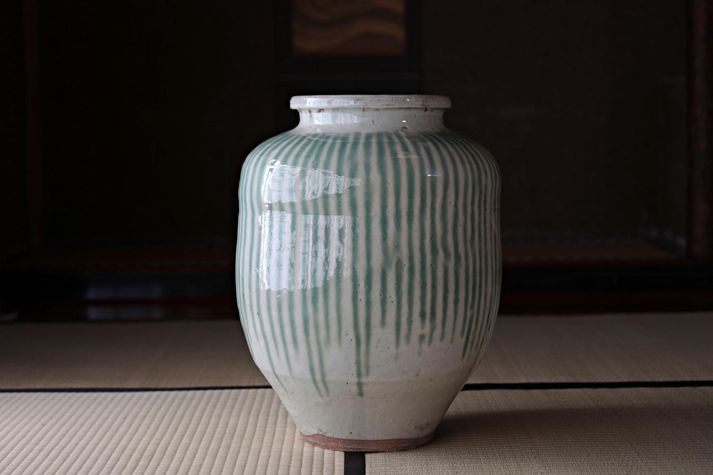 Antique Shigaraki Jar – Large Japanese Ceramic Vase With Blue Green Waterfall Glaze