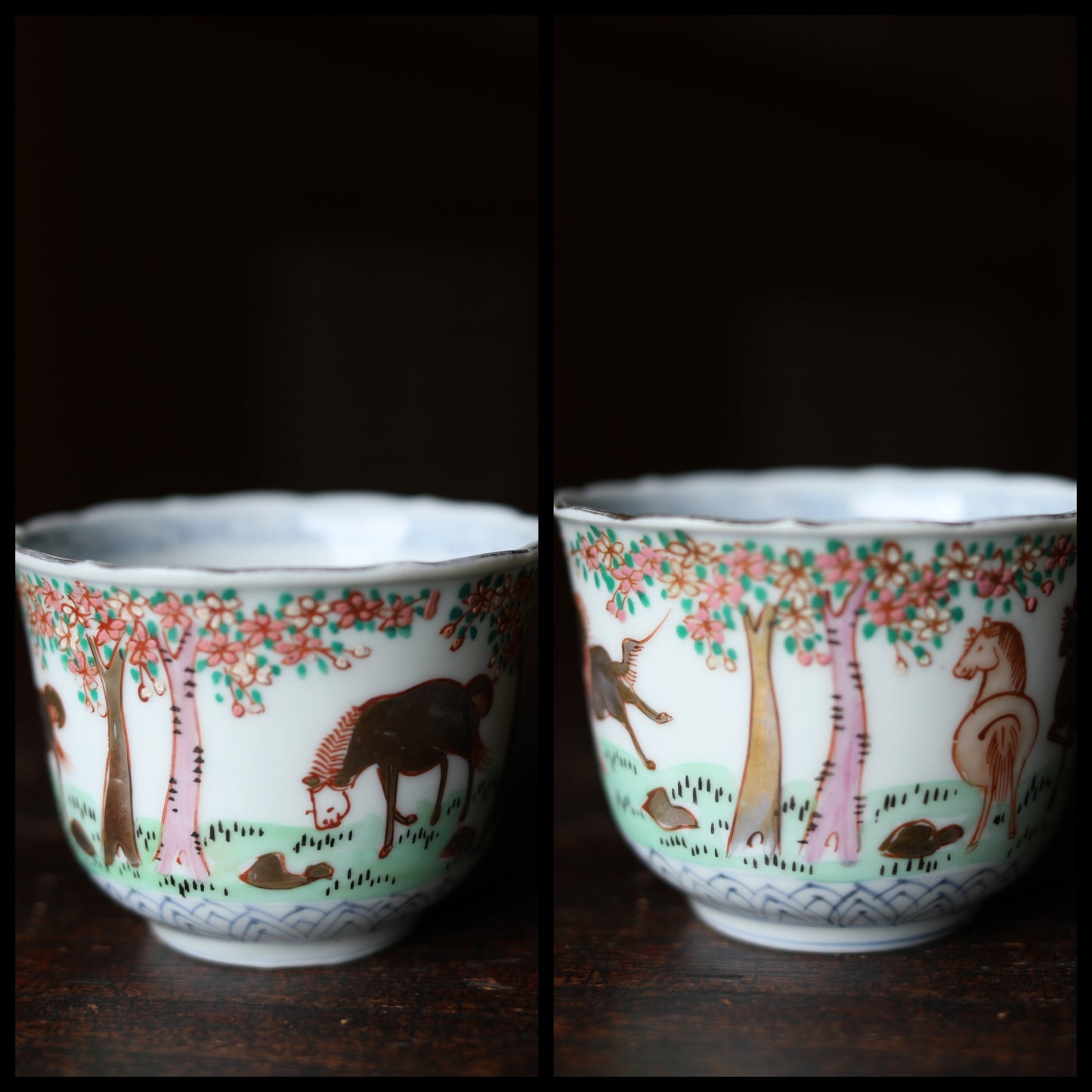 Kutani Sobachoko Cups - Antique Porcelain Tea & Sake Set with Hand-Painted Horses, Floral Rim Design