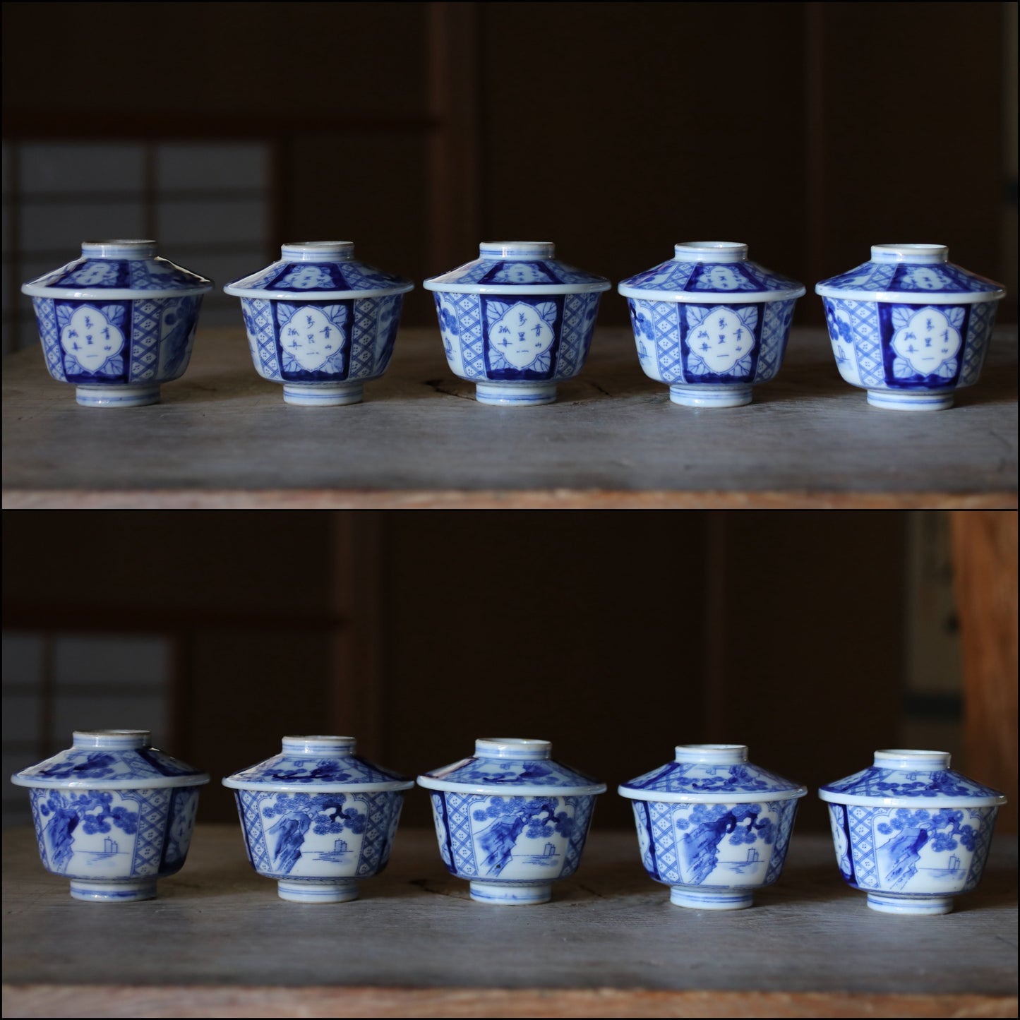 Antique Japanese Bowls - 1920s Imari Porcelain Set of 5 with Lids | Hand-Painted Blue White