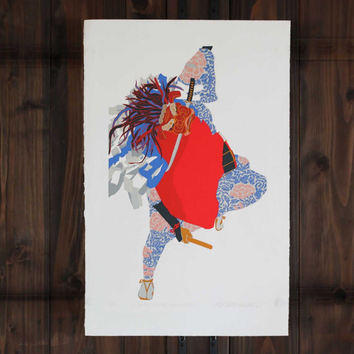 The image is a colorful illustration of a person wearing a red and blue outfit, holding a sword, and standing on one leg.