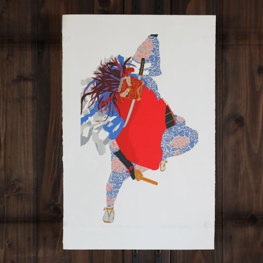 The image is a colorful illustration of a person wearing a red and blue outfit, holding a sword, and standing on one leg.