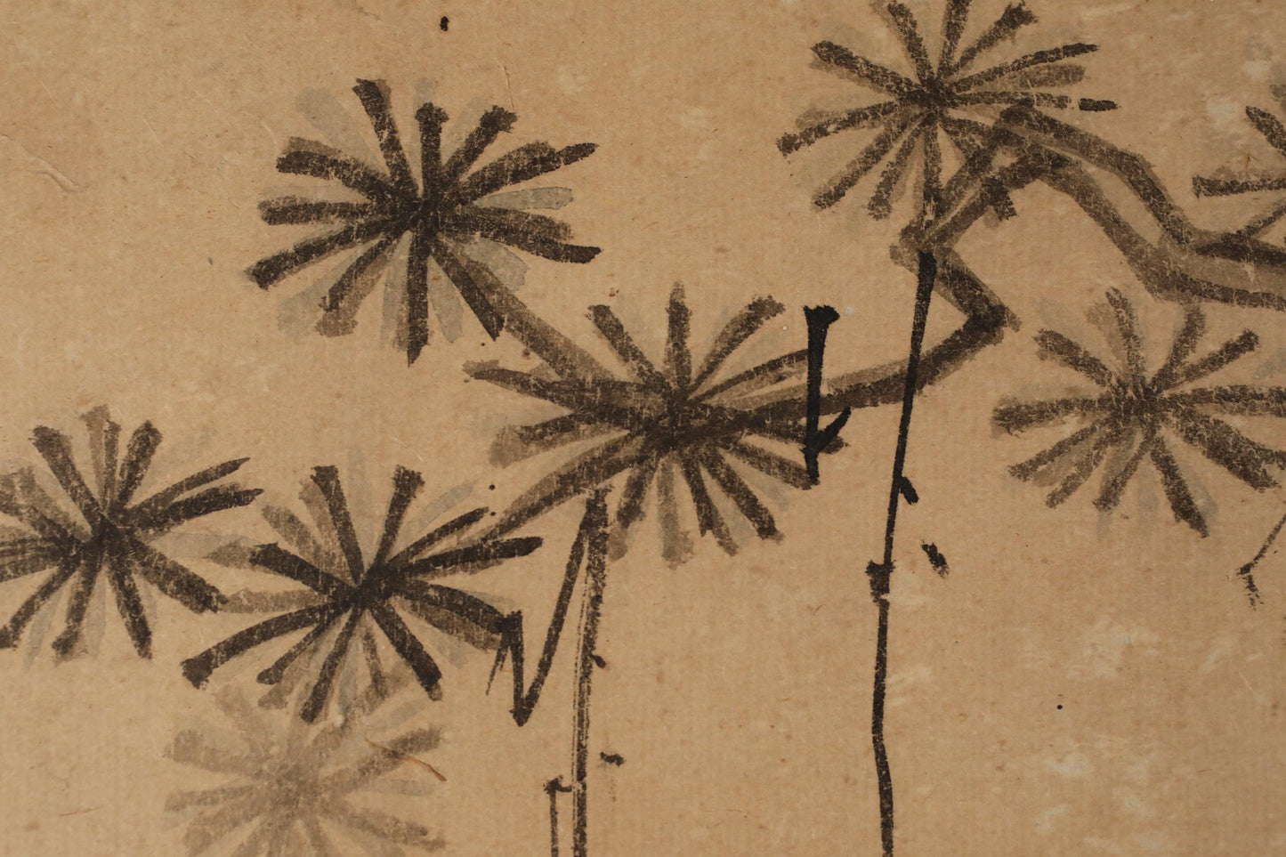 a close-up view of a piece of paper with a drawing of stylized black and white flowers or shapes.