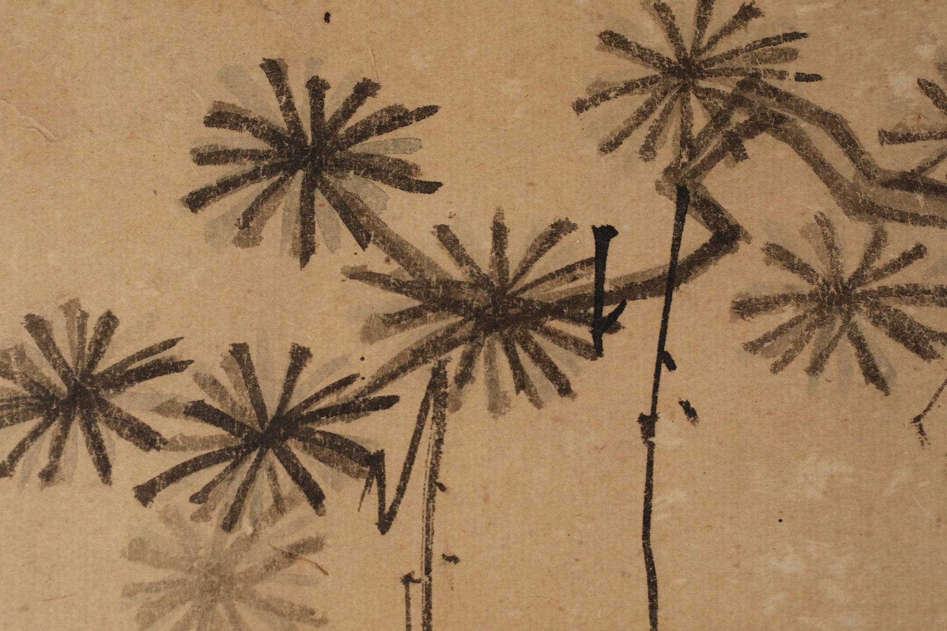 a close-up view of a piece of paper with a drawing of stylized black and white flowers or shapes.