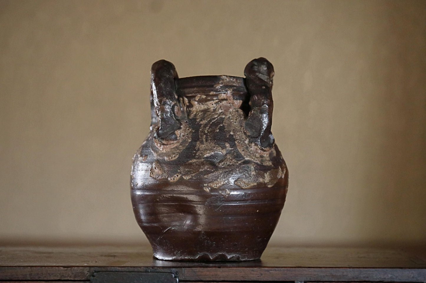 A dark brown, ornate vase with intricate designs sits on a wooden surface against a plain background.