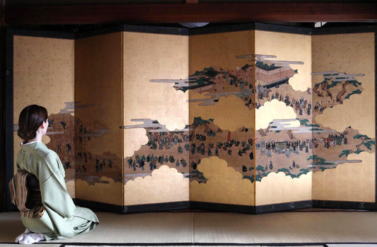 Japanese Antique Folding Screen - 1800s Gold Leaf Byobu with Luxury Cloud Painting