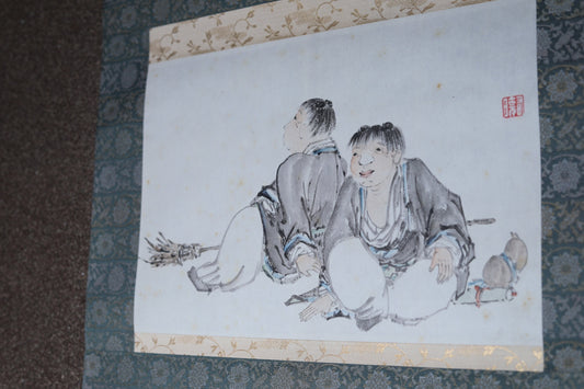 Japanese Hanging Scroll - Vintage Ink Painting With Kids Monk Art & Ceramic Scroll Tip