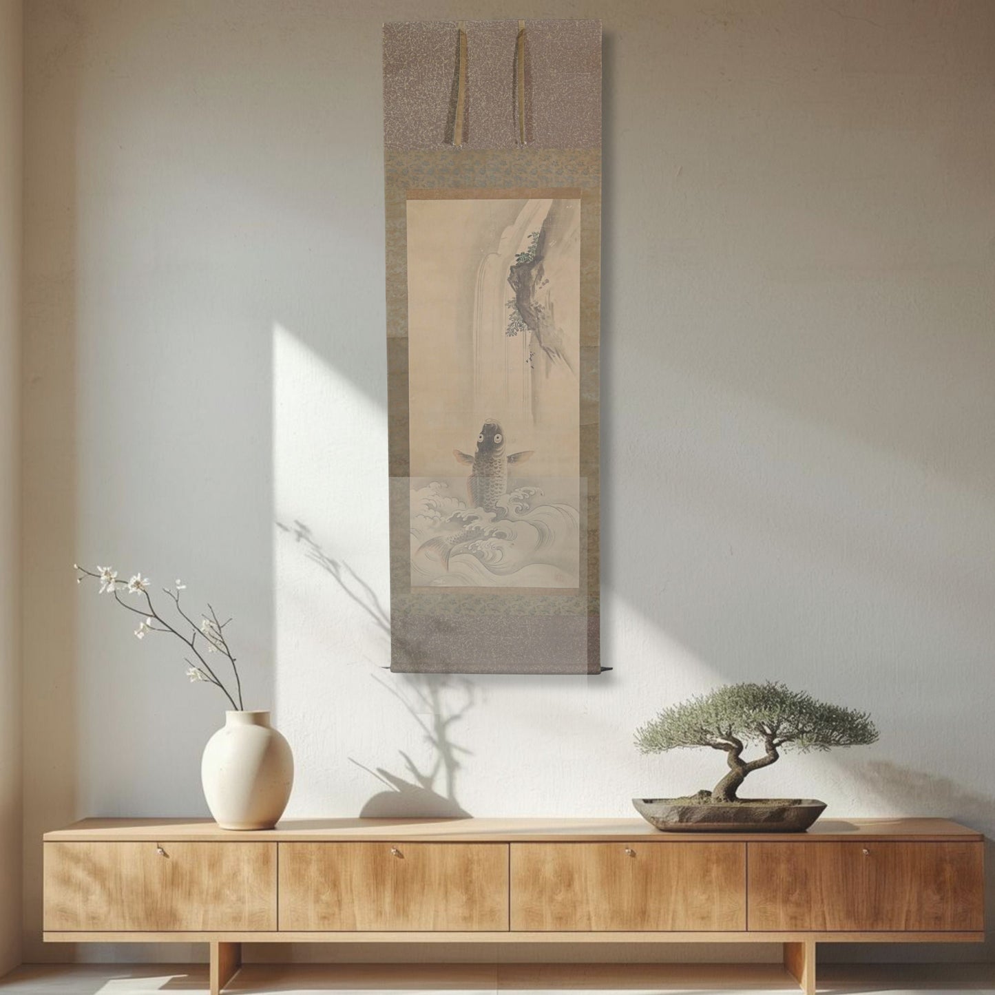 Scroll Painting- Antique Kano School Carp Watercolor , Japanese Kakejiku, Kano Signed
