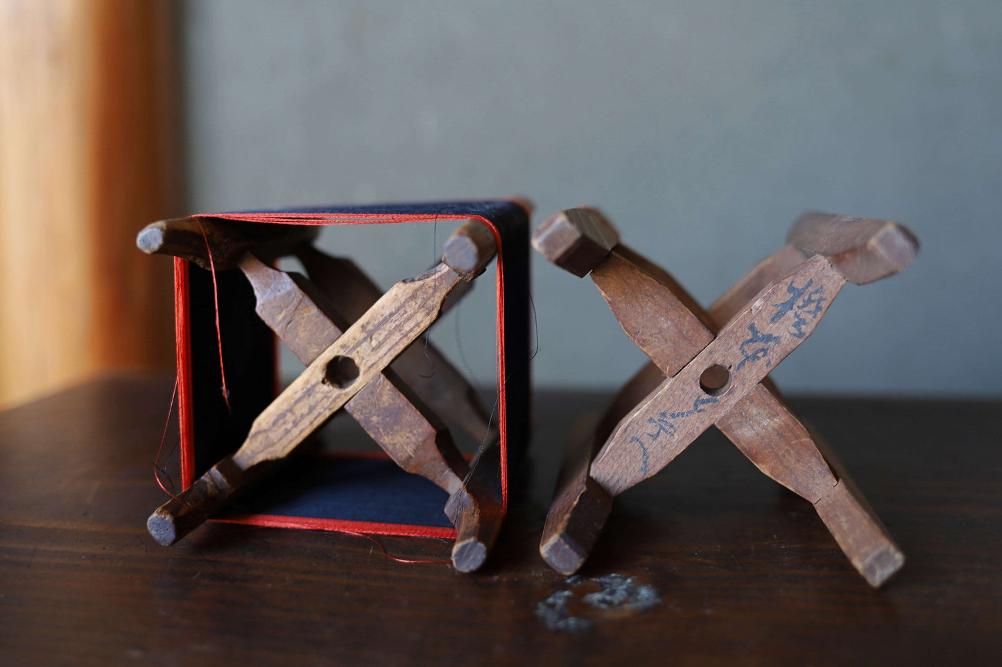 Vintage Wooden Spool - Japanese Silk Bobbin Pair with Loom Parts Set & Craft Plant Stand