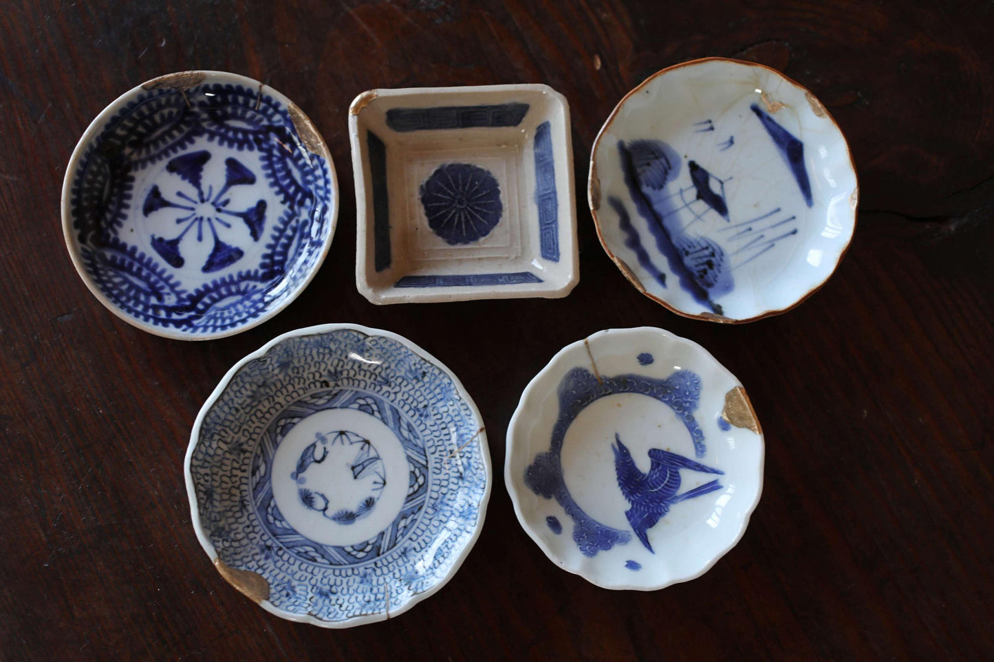 Japanese Antique Plate - Blue White Porcelain Dish | Kintsugi Repair Small Ceramic Plate