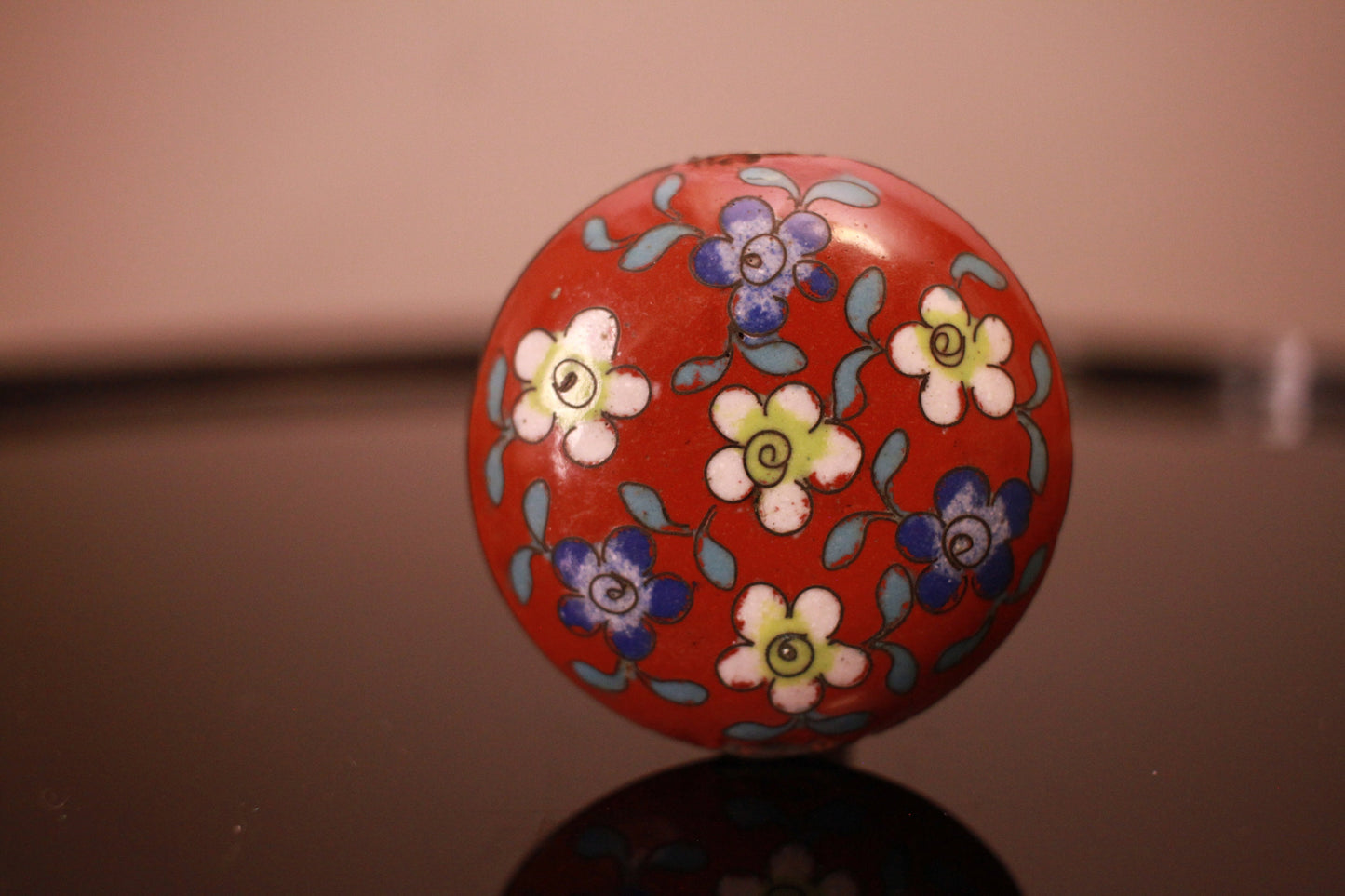 Antique Cloisonne Bead – Japanese Ojime Bead With Red Floral Motif & Silver Fittings