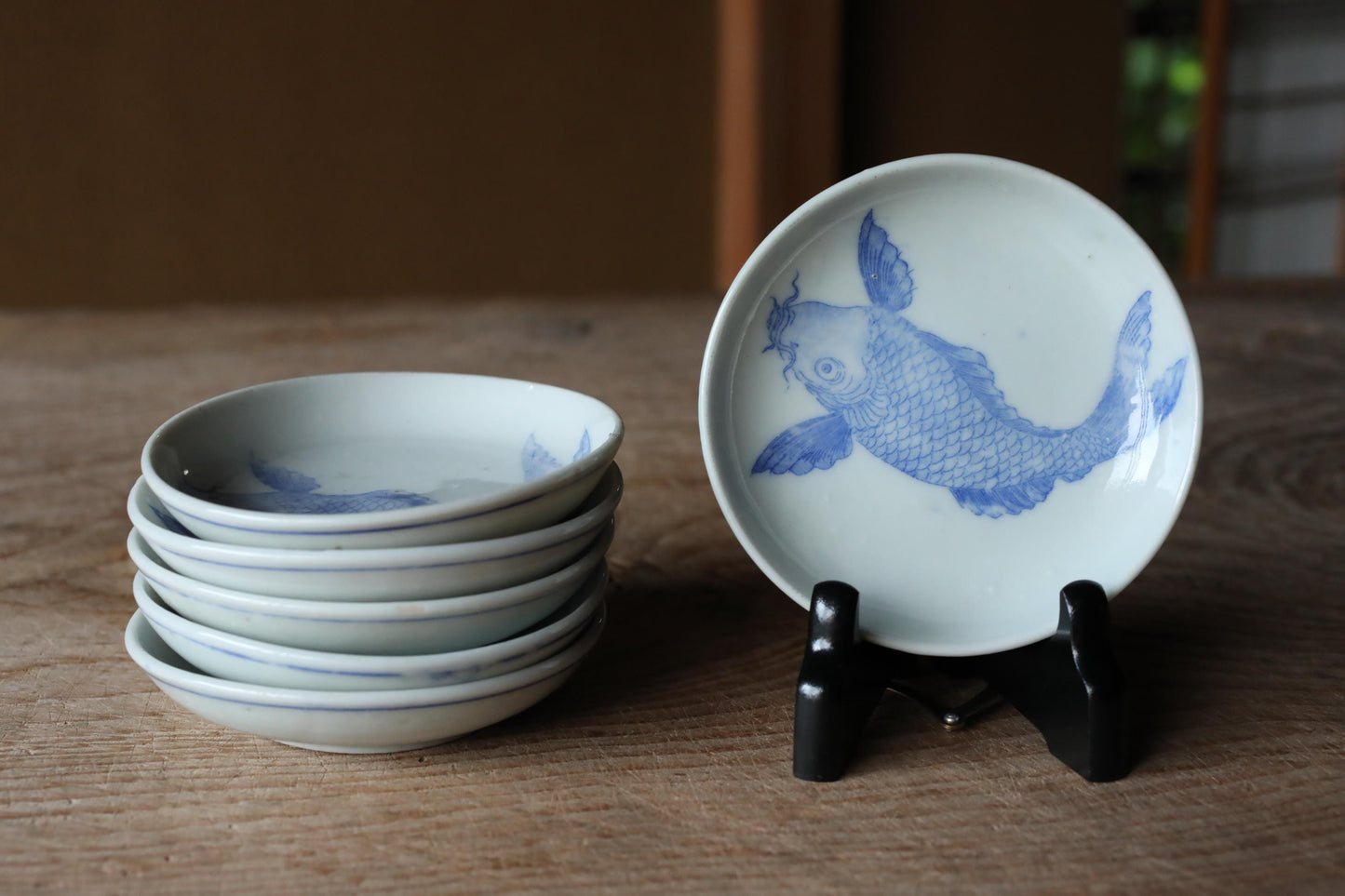 Vintage Japanese Porcelain Plates – Set of 8 Small Blue White Koi Carp Fish Design