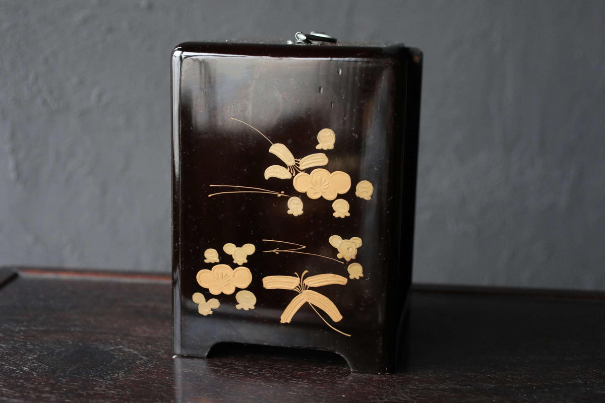 A dark brown, rectangular box with a gold floral design on its surface.