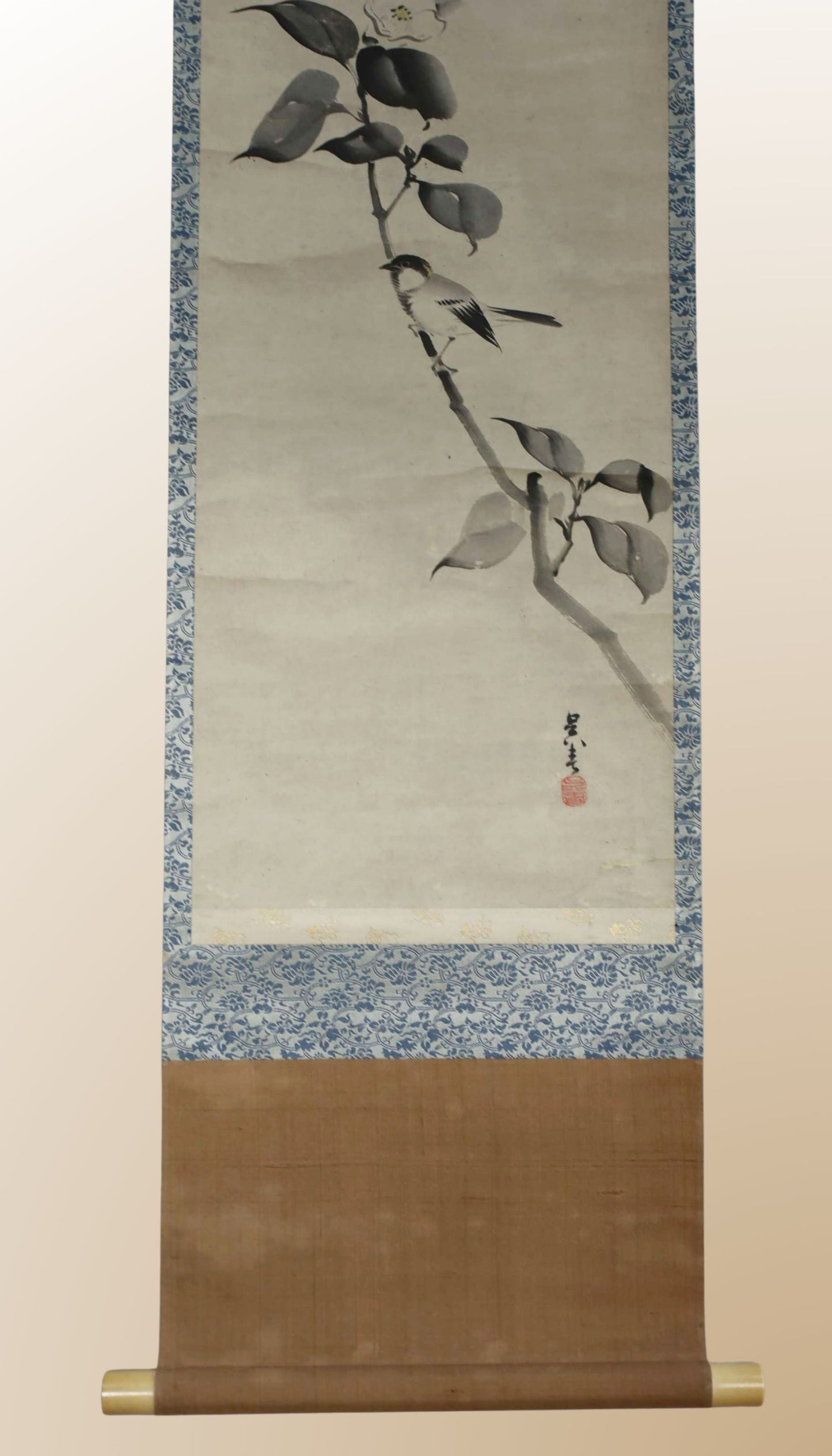 Vintage Japanese Ink Wash Painting: Camellia and Bird Kakejiku Scroll