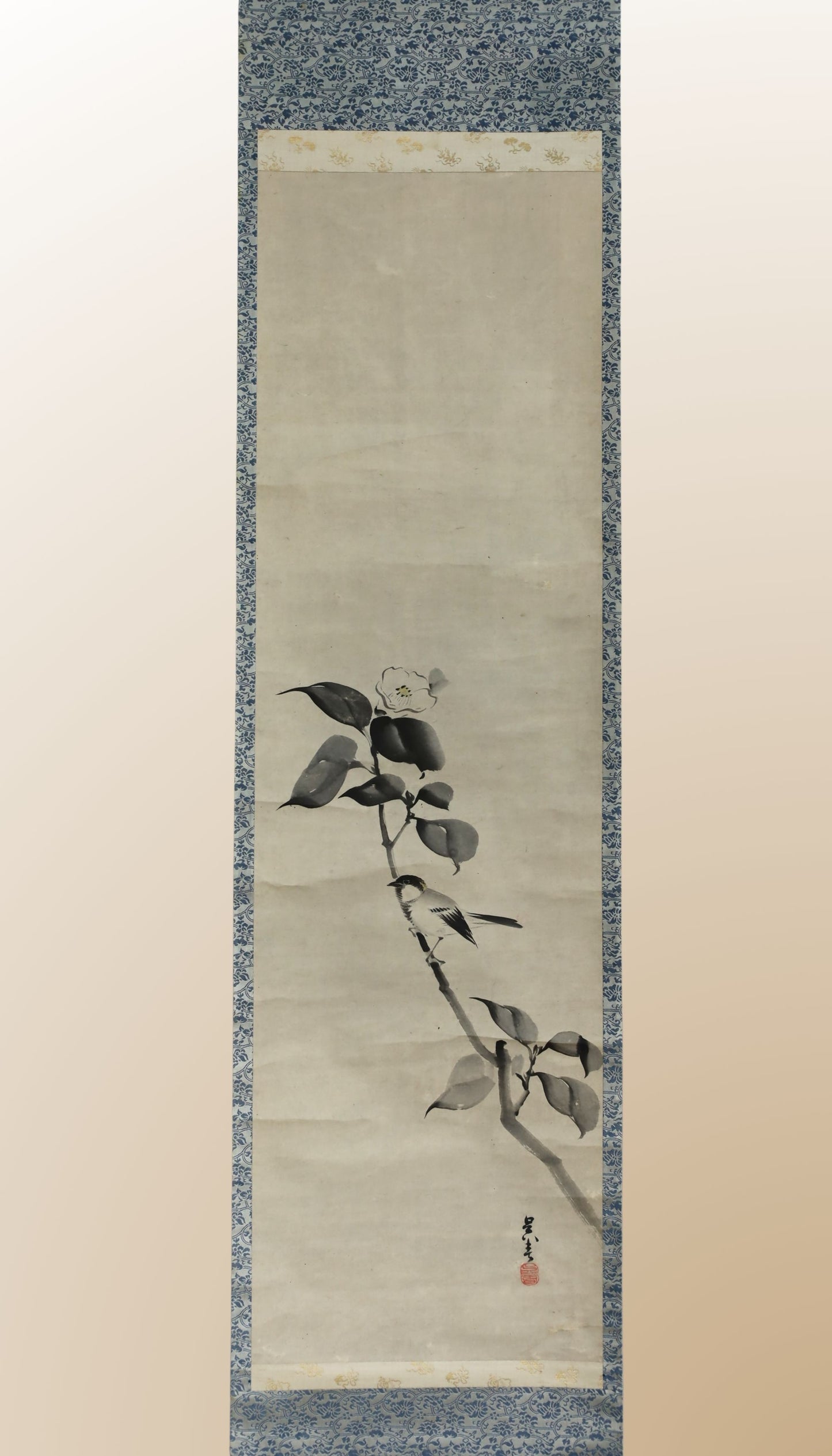 Vintage Japanese Ink Wash Painting: Camellia and Bird Kakejiku Scroll