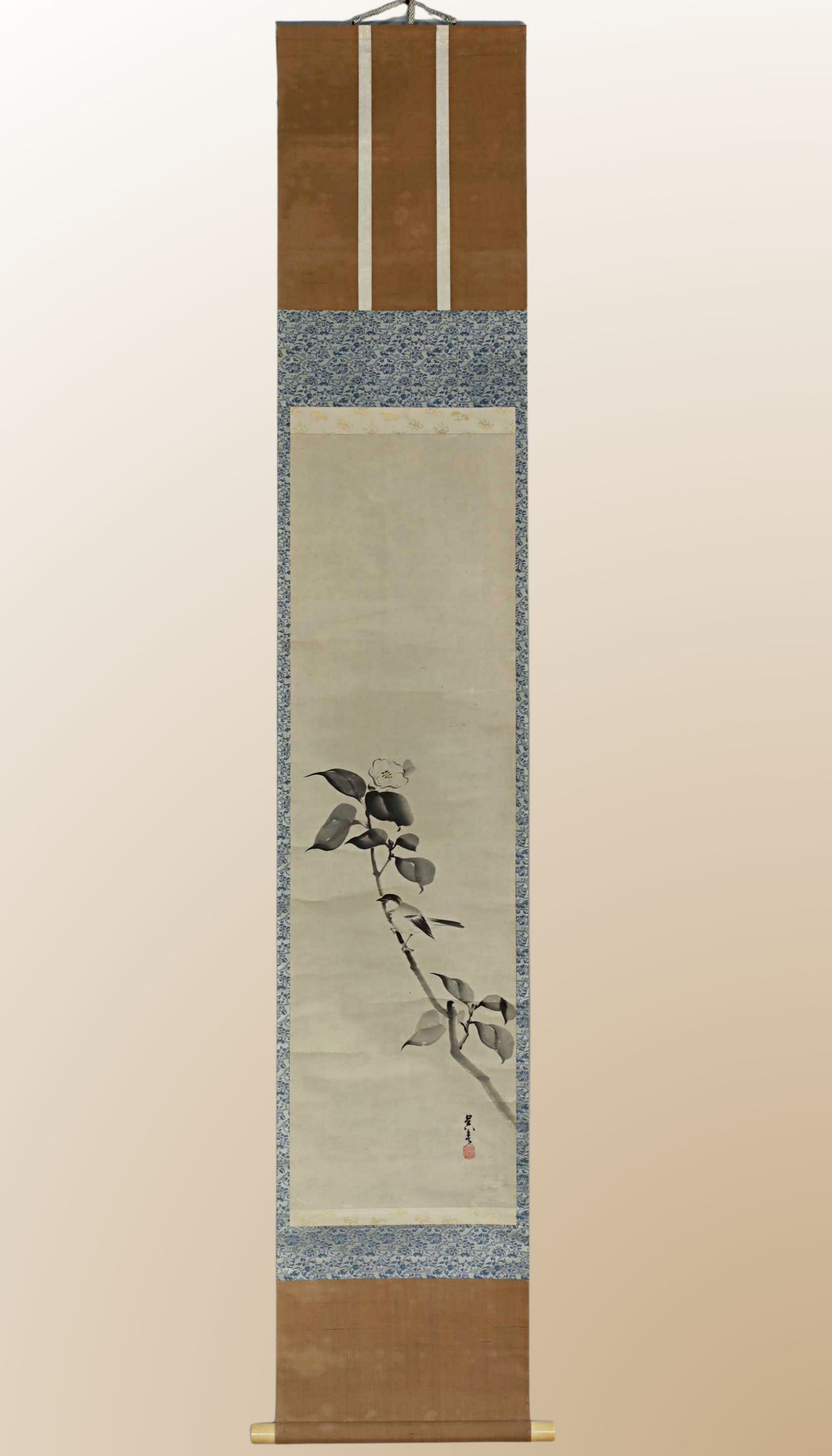 Vintage Japanese Ink Wash Painting: Camellia and Bird Kakejiku Scroll