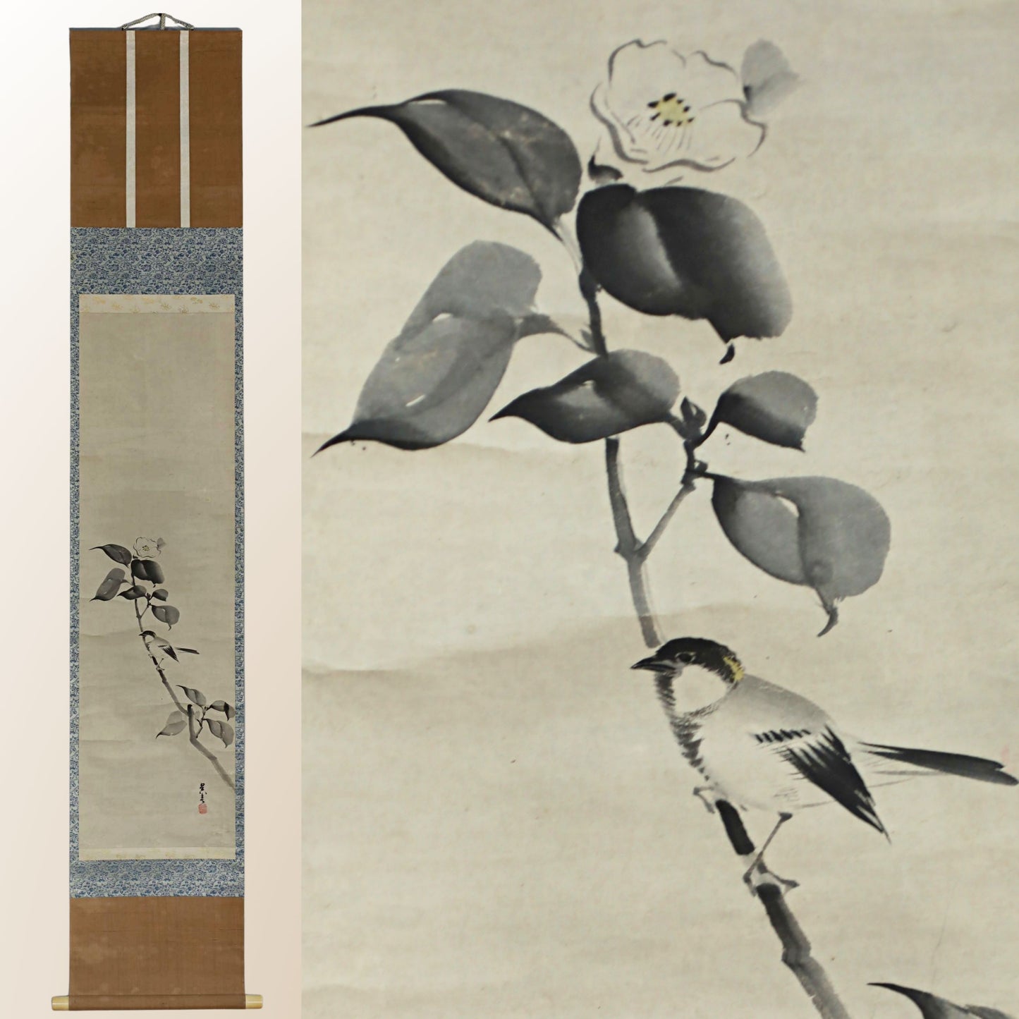Vintage Japanese Ink Wash Painting: Camellia and Bird Kakejiku Scroll