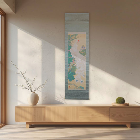 Scroll Painting- Japanese antique water color phoenix on Paulownia flower with signed 1920s Kakejiku H79in/201cm