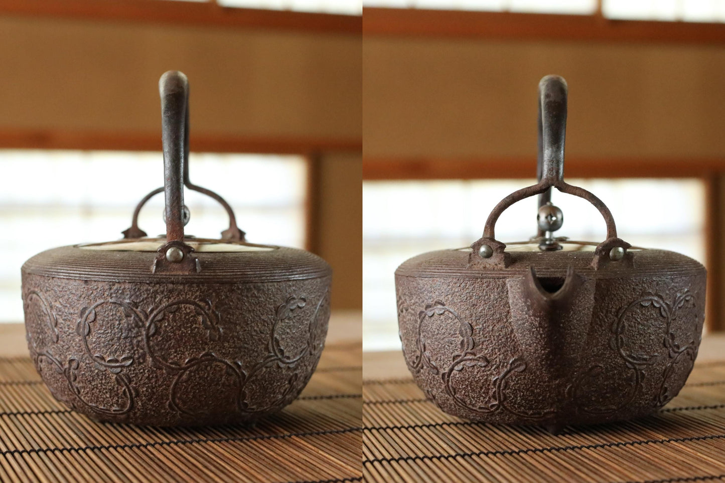 Japanese Cast Iron Sake Pot – Antique Chōshi with Lacquered Lid & Myoga Crest Design
