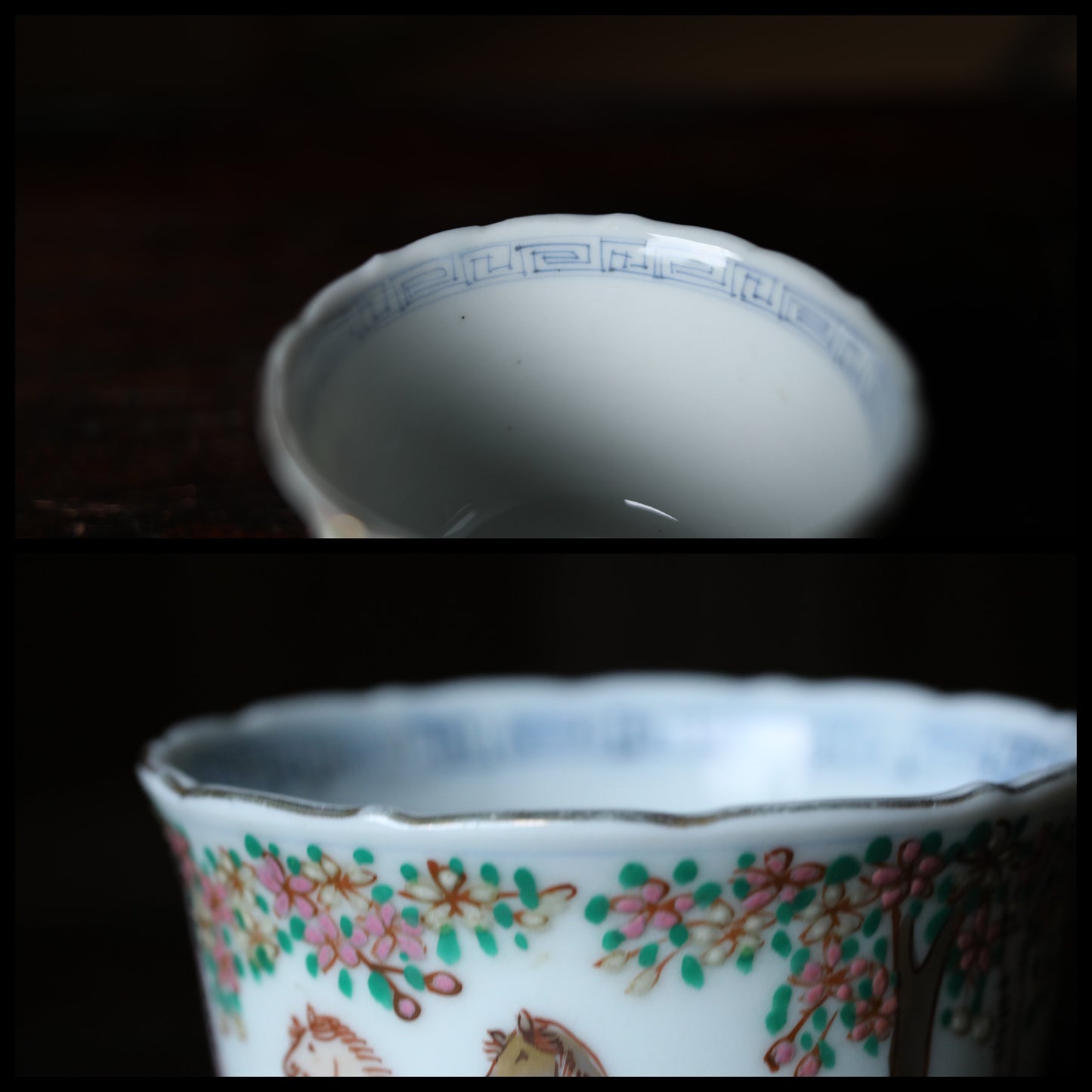 Kutani Sobachoko Cups - Antique Porcelain Tea & Sake Set with Hand-Painted Horses, Floral Rim Design