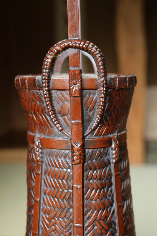 A close-up image of a brown woven basket with intricate patterns and designs.