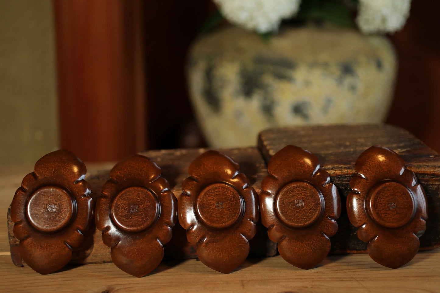 Japanese Tea Coasters - Hand Hammered Copper Coasters Set with Flower Design