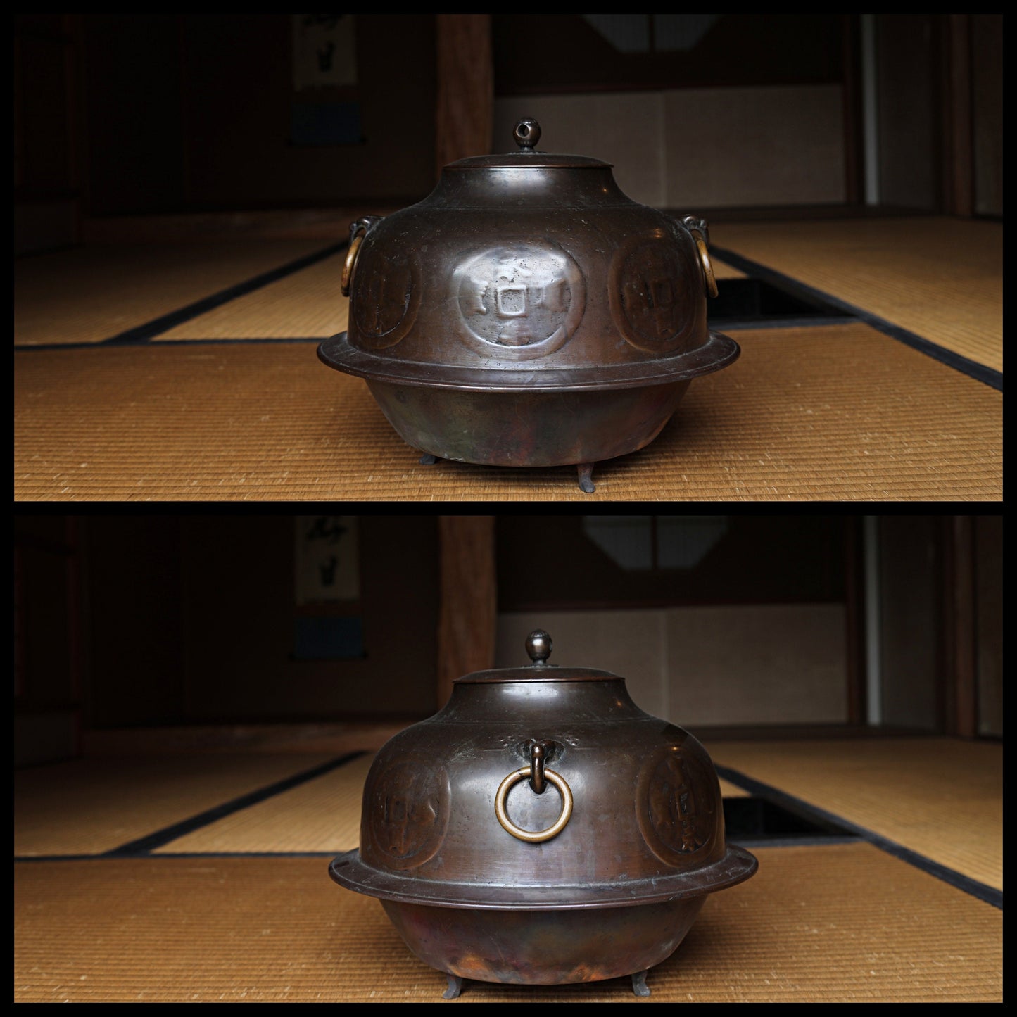 Antique Bronze Tea Kettle – Japanese Tea Ceremony Kettle with Kanji Coin Design