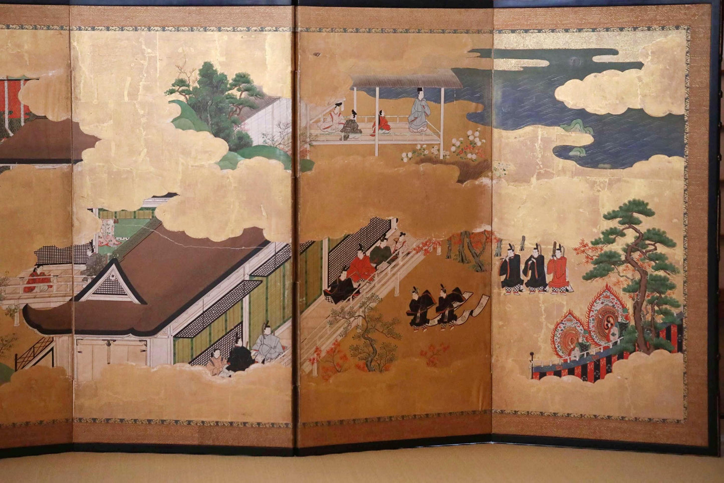 Japanese Antique Byobu Folding Screen - Tale of Genji Art, Gold & Silver Leaf, 17th Century Paravent