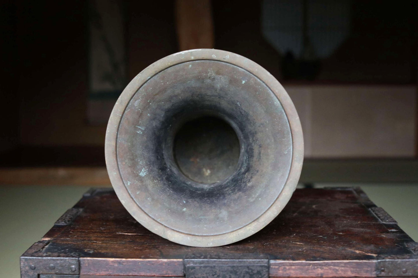 Antique Japanese Brass Vase – Buddhist Temple Ikebana Vessel with Detachable Lion Handles