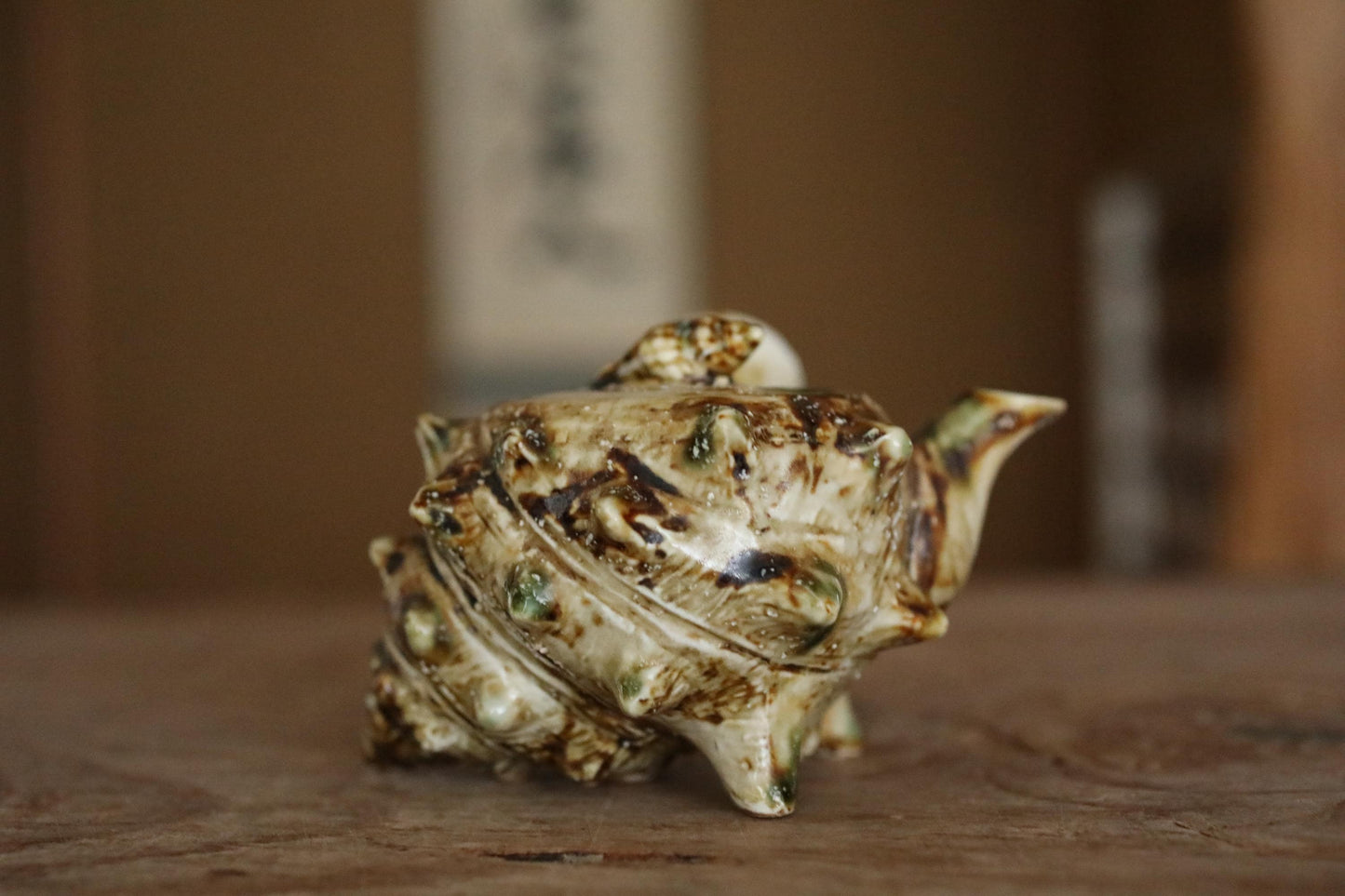 Vintage Ceramic Teapot - Japanese Sencha Tea Pot with Turban Shell Design & Green Oribe Glaze