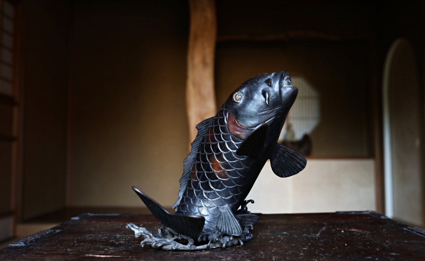 Bronze Koi Carp Fountain - Antique Japanese Garden Decor & Rustic Bronze Sculpture