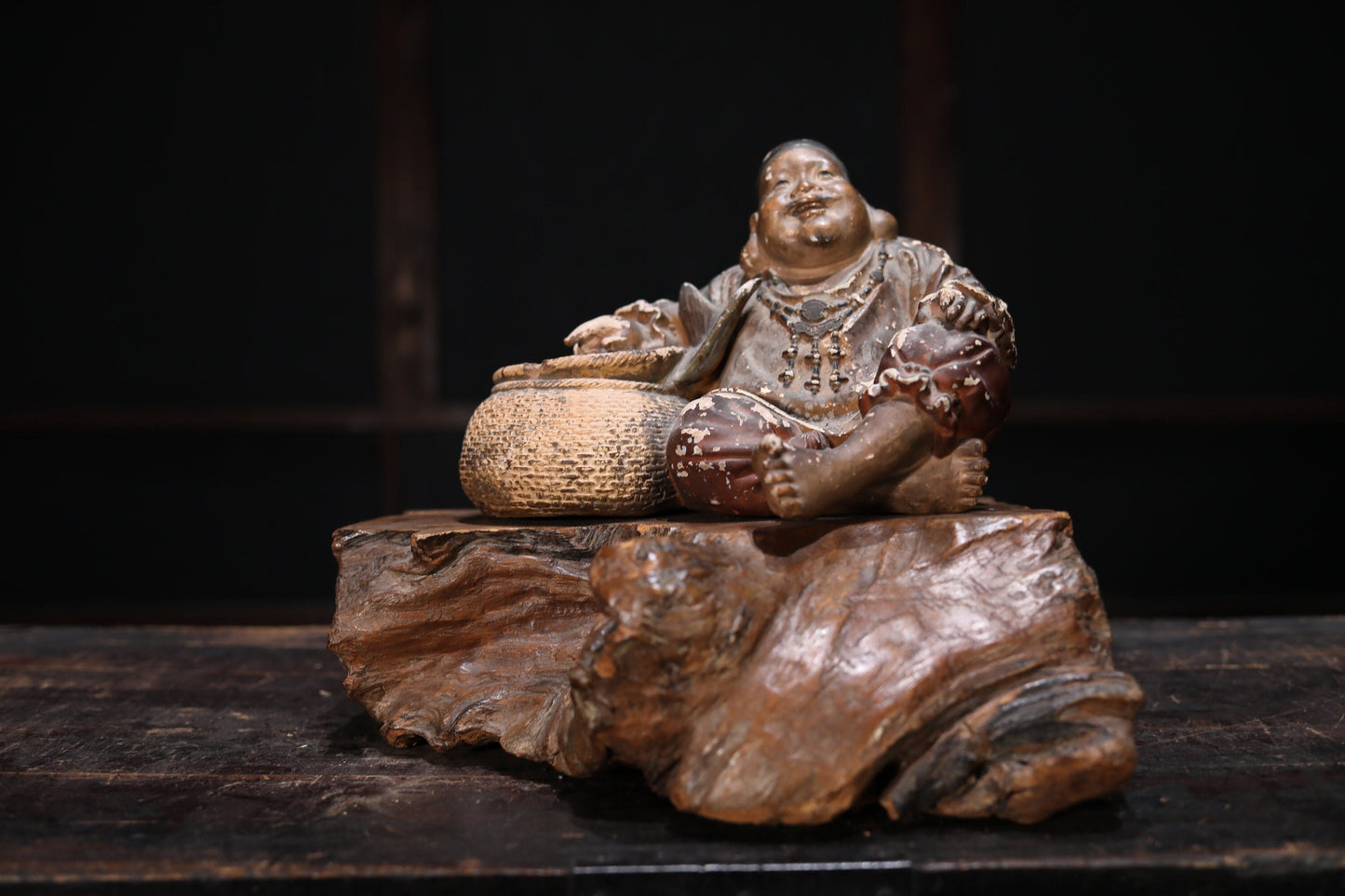 Wood Burl Display Stand - Japanese Antique Pedestal With Large Wood Slab Base