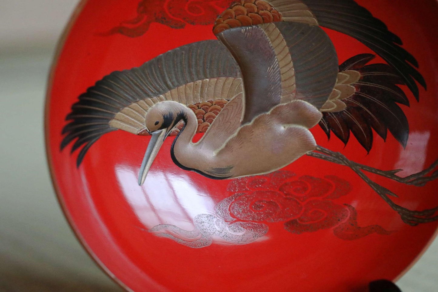Antique Lacquer Sake Cups - Japanese Red Gold Crane Design Wooden Sakazuki Set