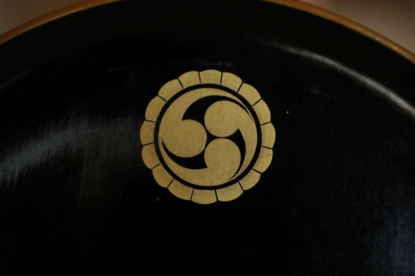Antique Urushi Plates - Japanese Lacquerware Set of 4 with Gold Rim & Mitsu Tomoe Crest