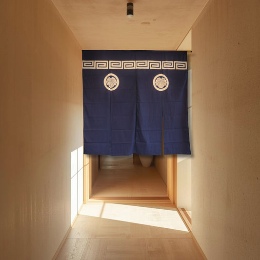 Noren- Japanese vintage curtain screen with crest, blue Japandi interior H68.1in/H173cm