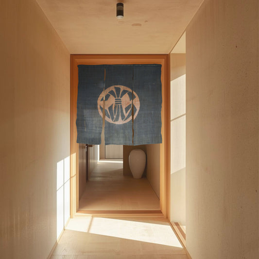 Antique Japanese Linen Noren – Indigo Crest Room Divider, Edo Era Textile Art, Japandi interior