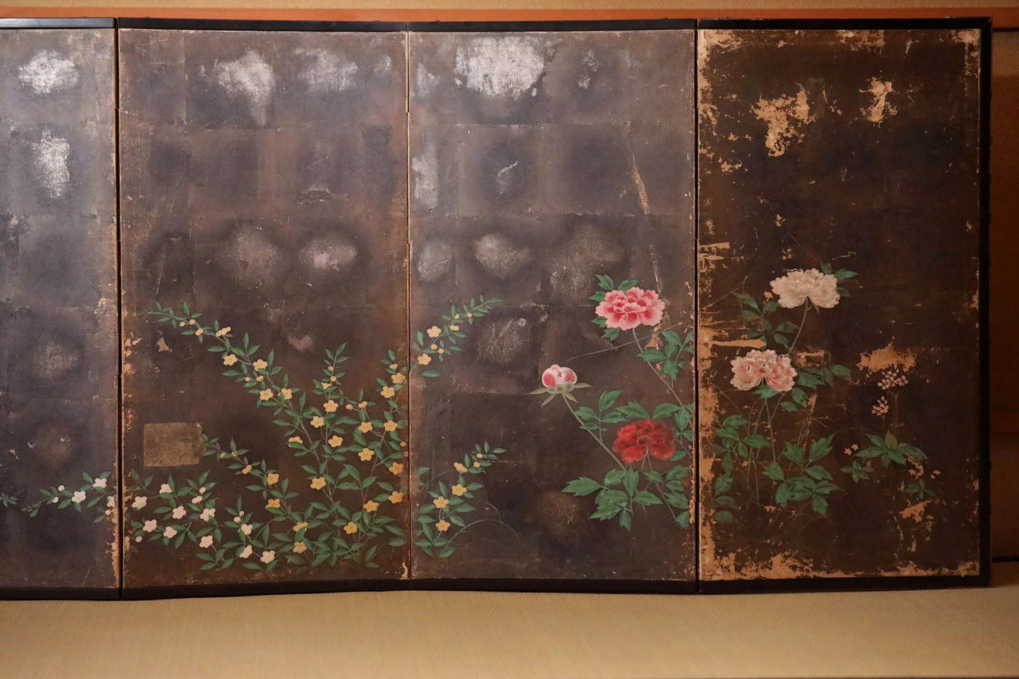 Antique Japanese Byobu Folding Screen - Edo Period Tale of Genji Art, Gold Leaf Decor