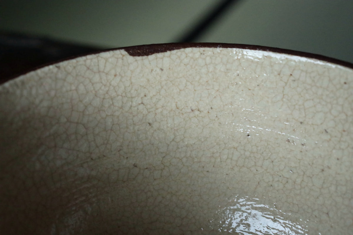 A close-up view of a white ceramic bowl with a textured surface, featuring a dark border around the edge.