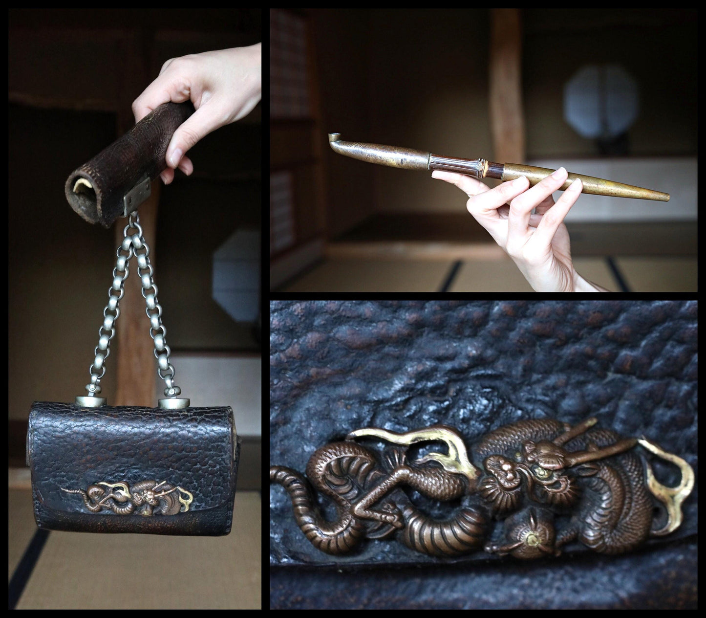 Japanese Antique Kiseru Pipe - Rare Edo Period Brass & Silver Tobacco Pipe With Dragon Engraved Leather Case