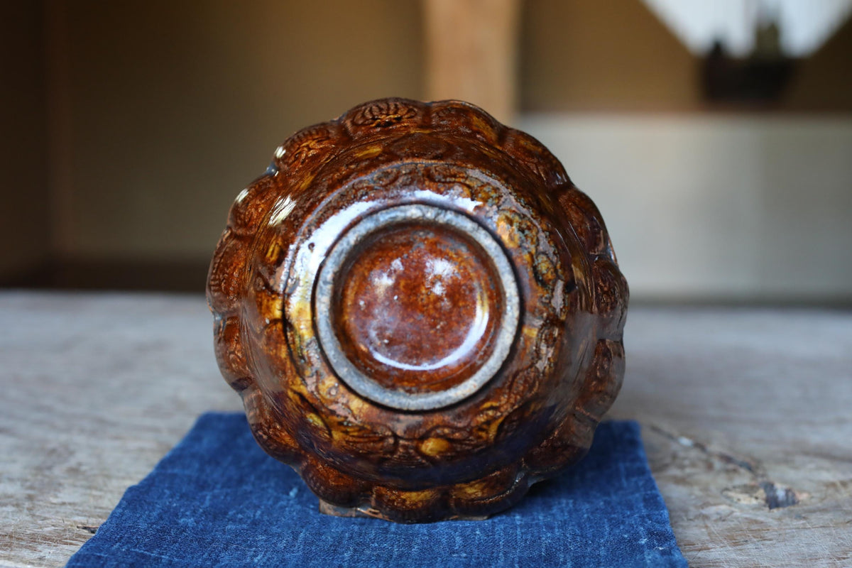 Japanese Antique Seto Matcha Tea Bowl: Daikoku god ,amber glaze, Tea ceremony 1800s