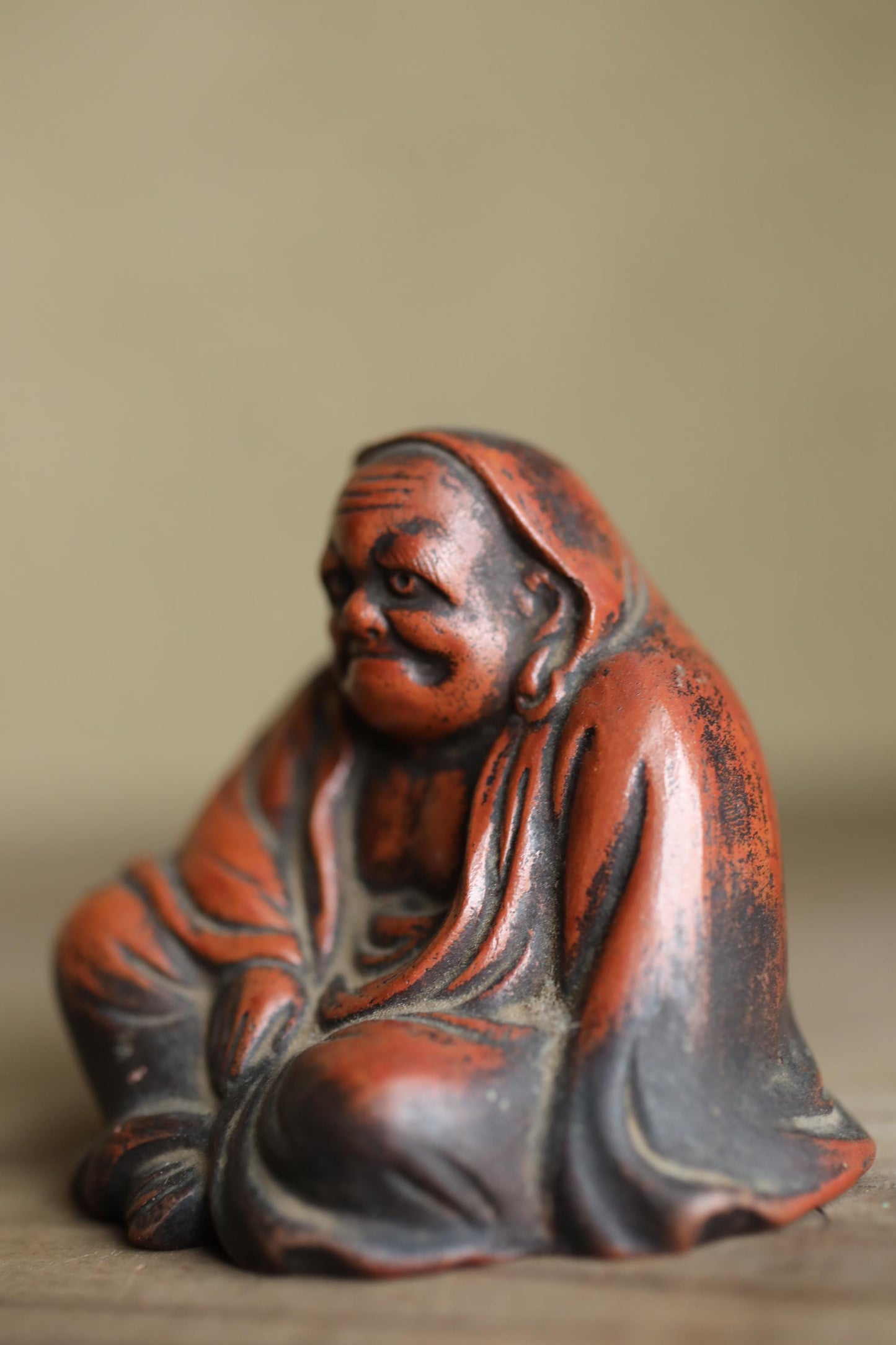 Japanese Daruma Statue - Antique Bizen Ware Pottery Zen Monk Figurine Gift