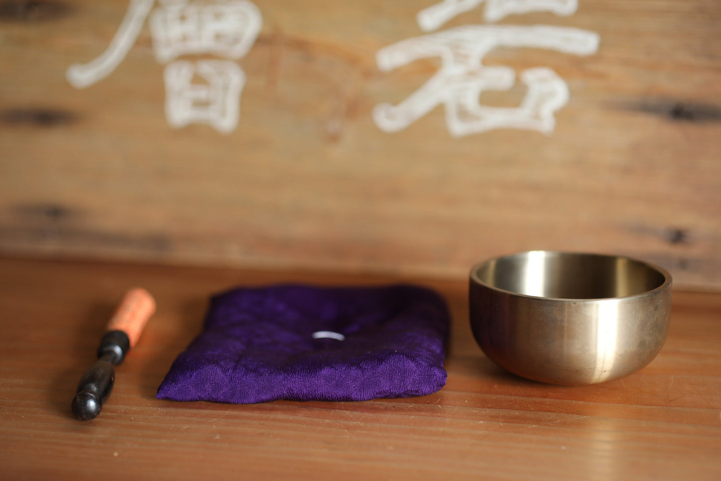 Japanese Bronze Orin - Buddhist Meditation Bell with Silk Cushion Striker & Floral Pedestal